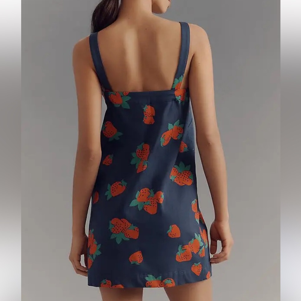 Maeve Navy Blue Mini Dress with Red Strawberry Print